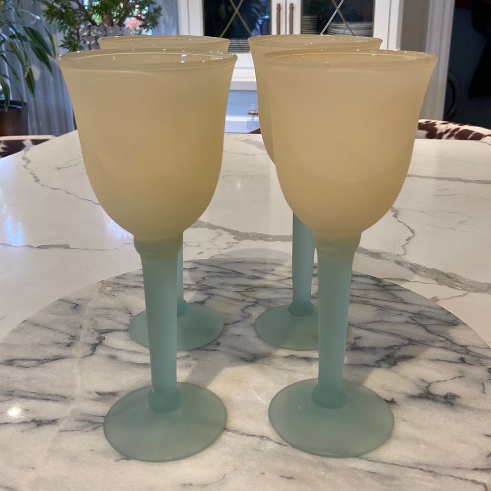 Set of 4 Frosted Turquoise and Yellow Glass Goblets.